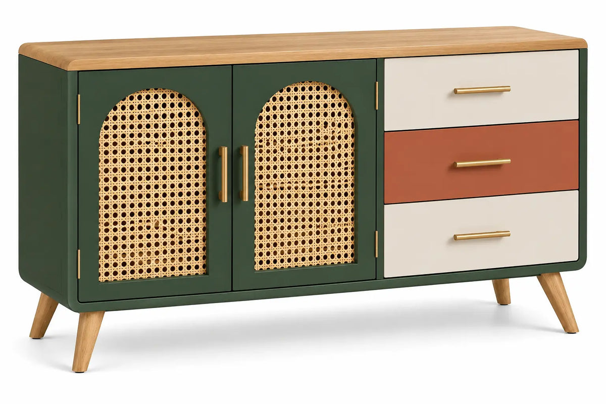 Credenza, ante intrecciate e tre cassetti laterali, verde/marrone/beige/rosso