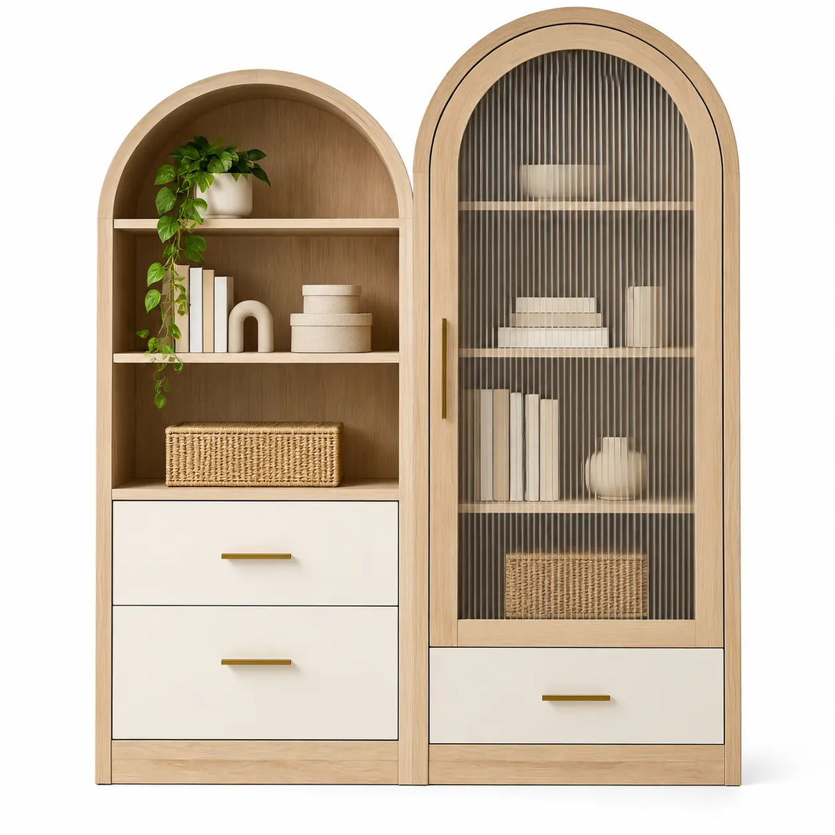 Vetrina, doppio profilo ad arco e cassetti inferiori, marrone/beige
