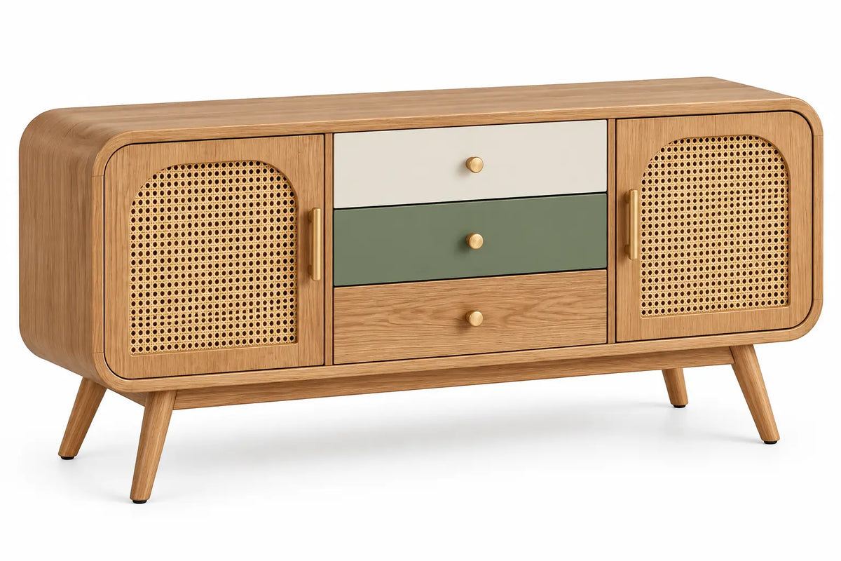 Credenza, ante intrecciate e tre cassetti centrali, marrone/beige/verde