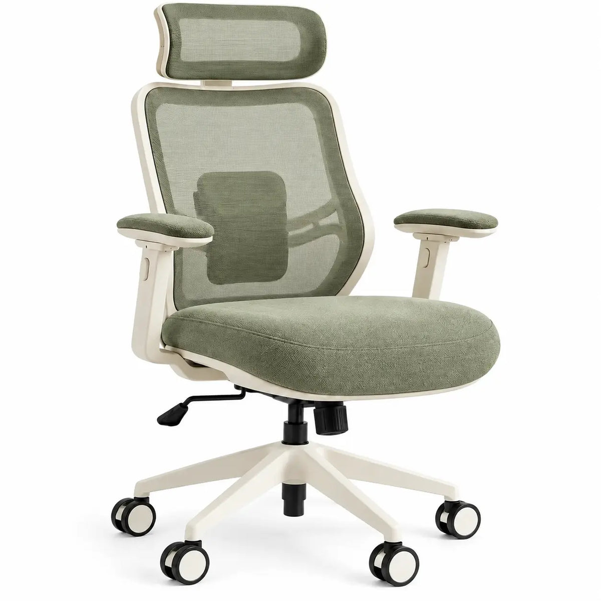 Sedia da ufficio, schienale in rete, poggiatesta e ruote, verde/beige