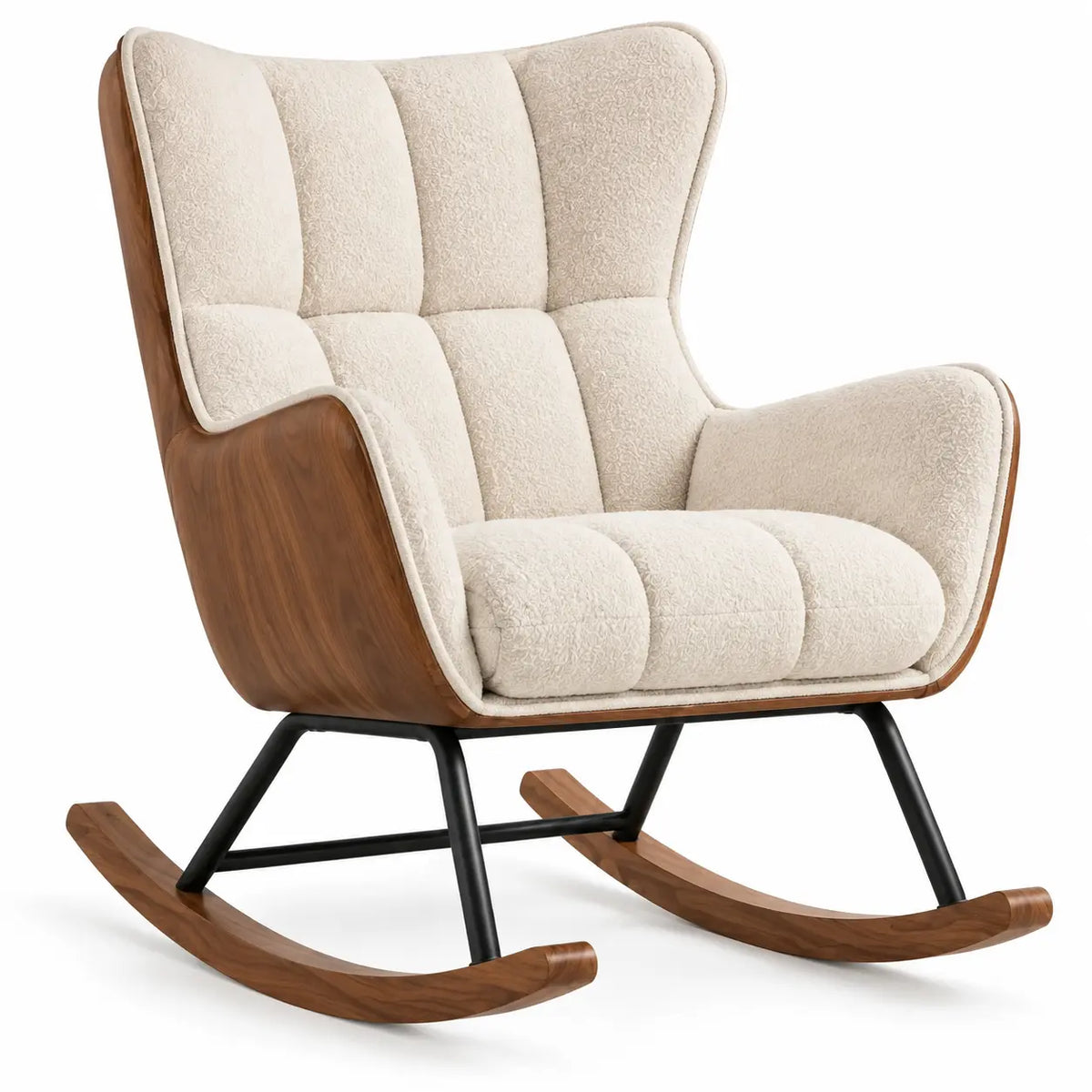 Poltrona a dondolo, scocca curva e schienale a fasce, beige/marrone