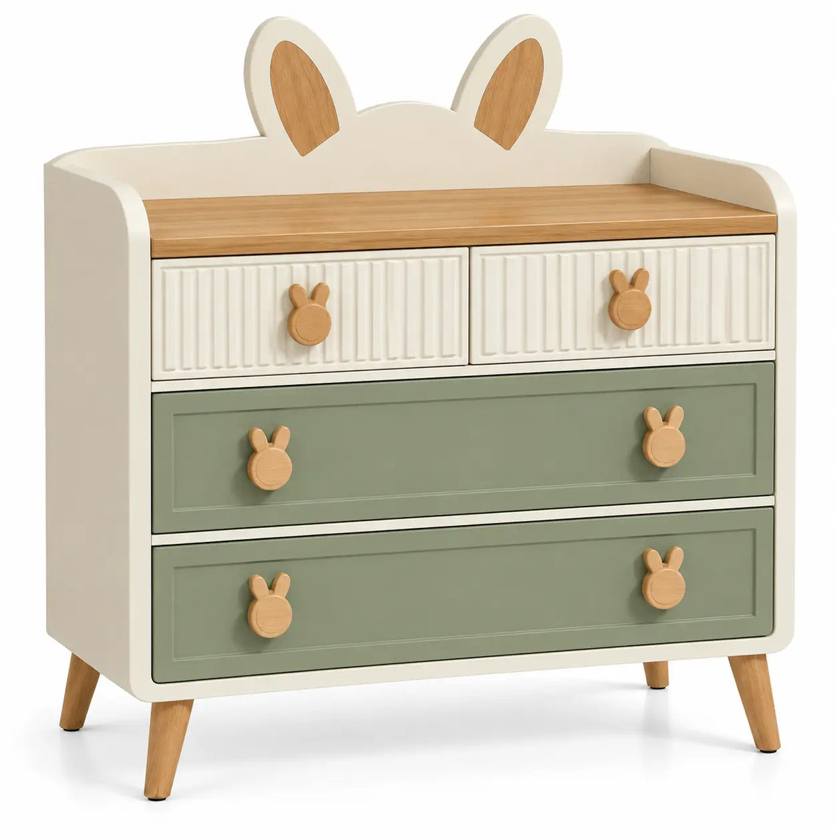 Cassettiera, tre cassetti e profilo superiore con orecchie, beige/marrone/verde